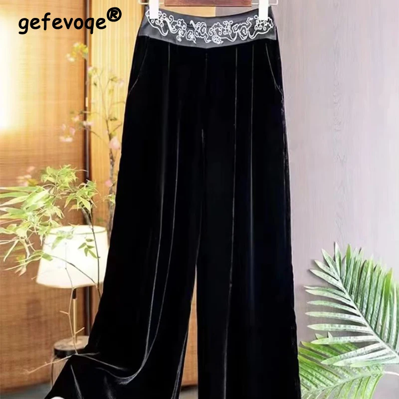 

Women Clothing Vintage Embroidery Fleece Thick Warm Wide-leg Pants Ladies Elegant High Waist Loose Straight Trousers Pantalones