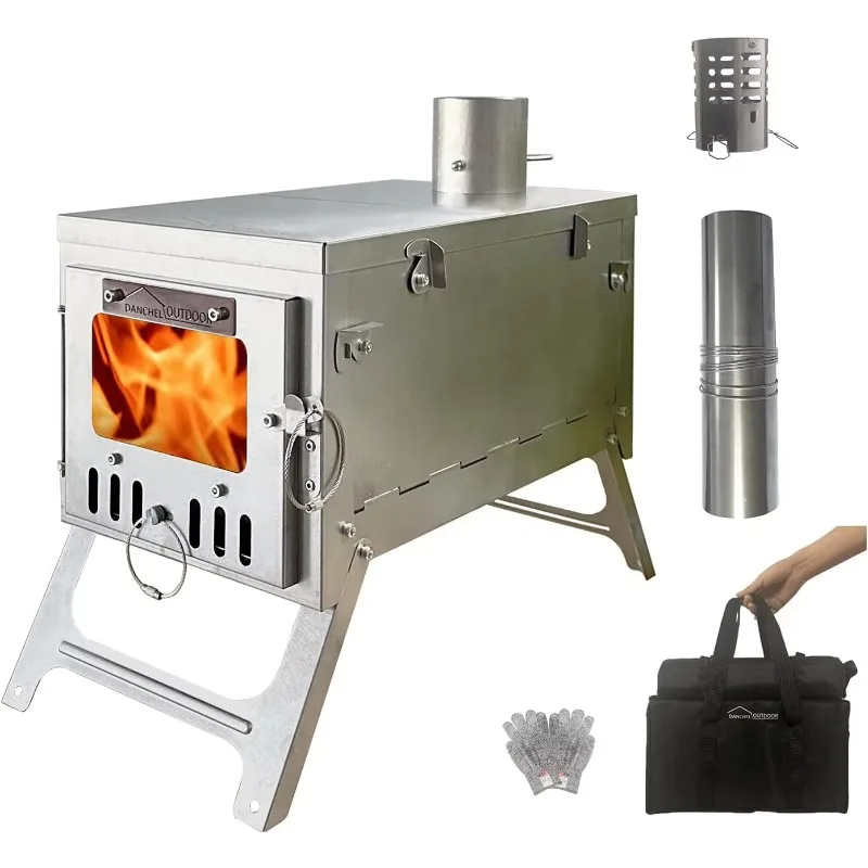 Folding 100% Titanium Wood Burning Stove with Spark Arrestor for Hot Tent Solo Outdoor Camping Cooking Heating