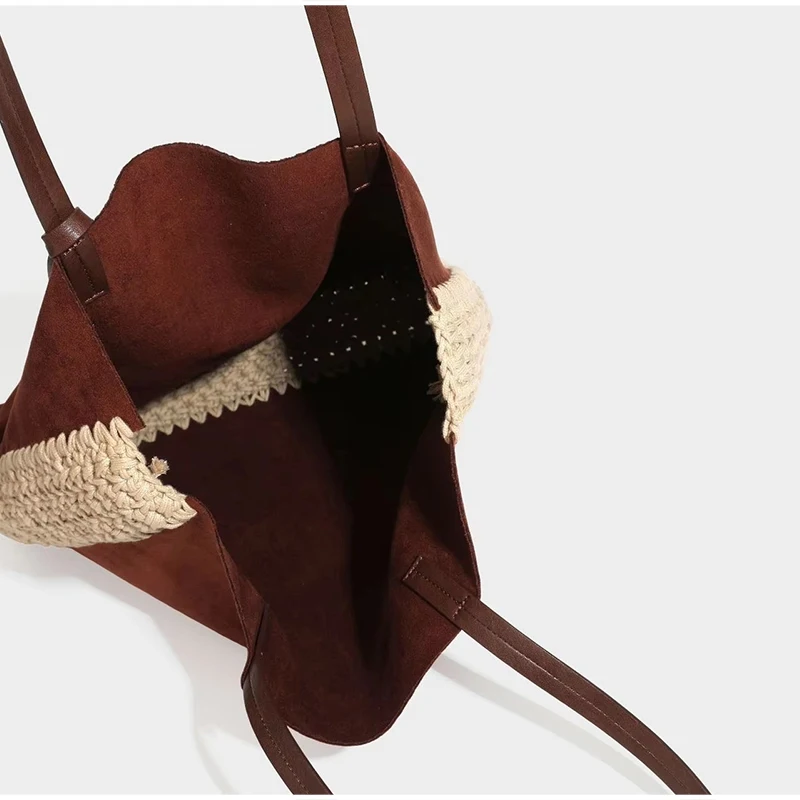 Vintage-Umhängetasche aus Kunstwildleder mit passendem Portemonnaie, Damenhandtasche mit Häkelspitzenbesatz, elegante Colorblock-Tragetasche für Herbst und Winter – Detail 7