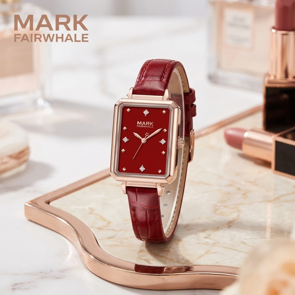 Fashion Female Quartz Watch MARK FAIRWHALE Square Dial Diamond Scale Leather Bracelet Ladies Wristwatch