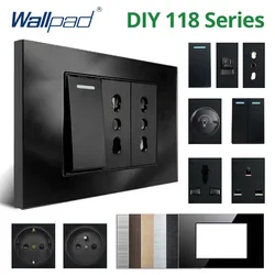 Wallpad DIY Black Tempered Glass Stainless Steel Aluminum Panel Wall Light Switch and Socket 118*75mm Module Frame Only