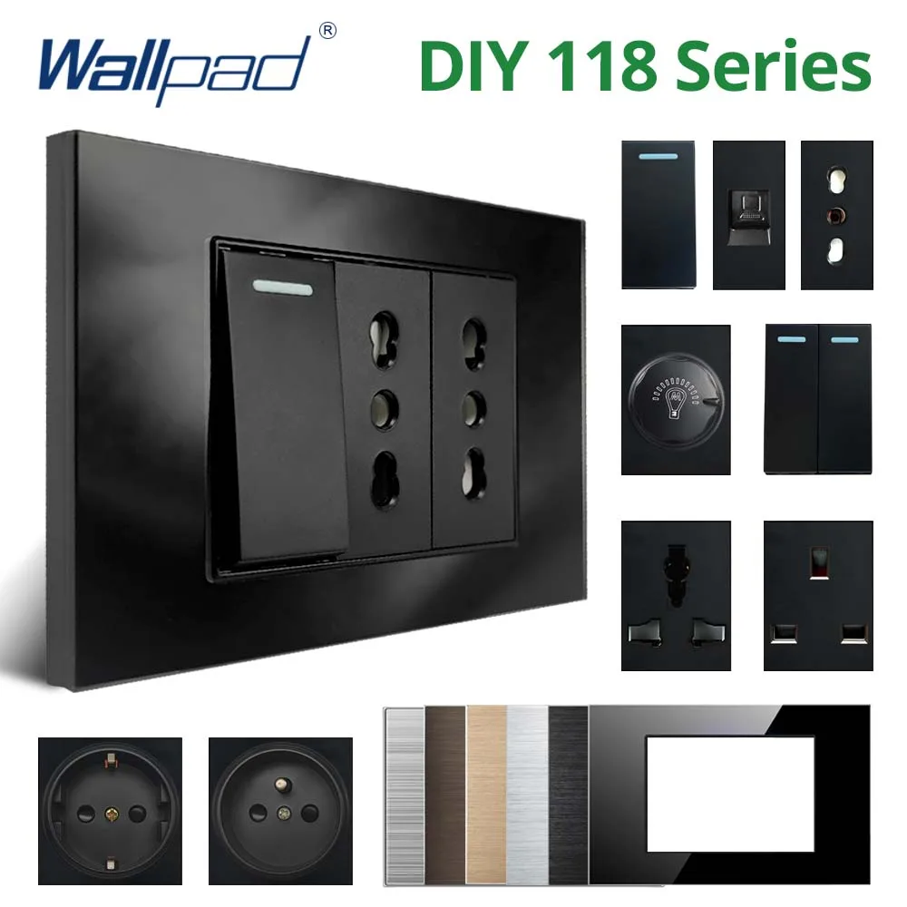 Wallpad DIY czarne szkło hartowane panel aluminiowy ze stali nierdzewnej włącznik światła naściennego i gniazdo 118*75mm tylko rama modułu