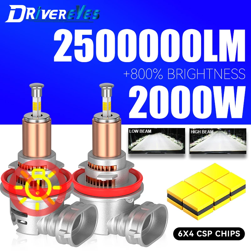 

2000W 2500000LM H11 LED Headlights Canbus H1 H4 H7 H8 H9 9005 HB3 9006 HB4 9012 HIR2 Auto Fog Lamp Mini Diode 360 3D CSP 12V 24V