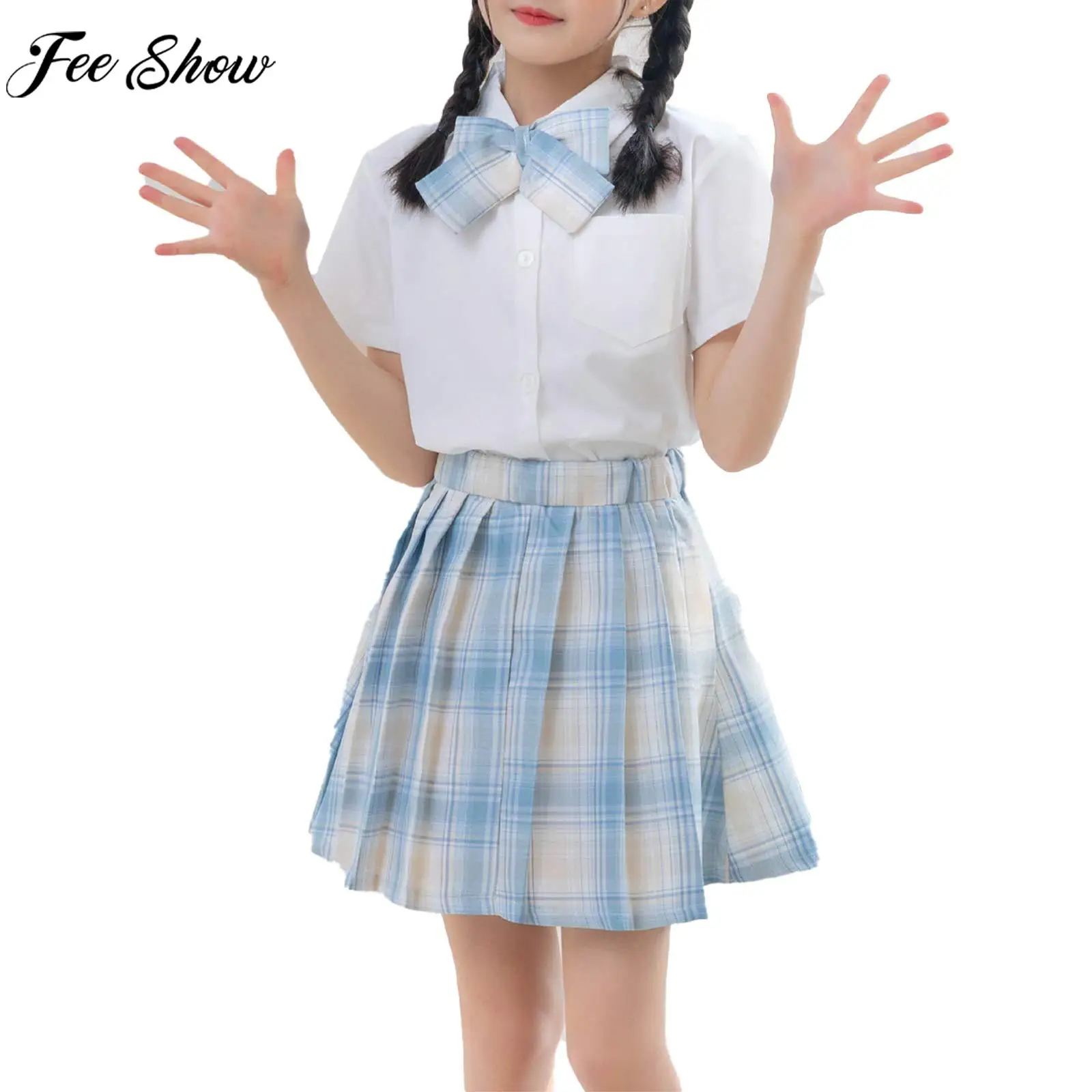 Girls JK Outfit Set Short Sleeve Bow Tie Shirt with Plaid Pleated Skirt Kid School Uniform Choir Performance Photography Costume