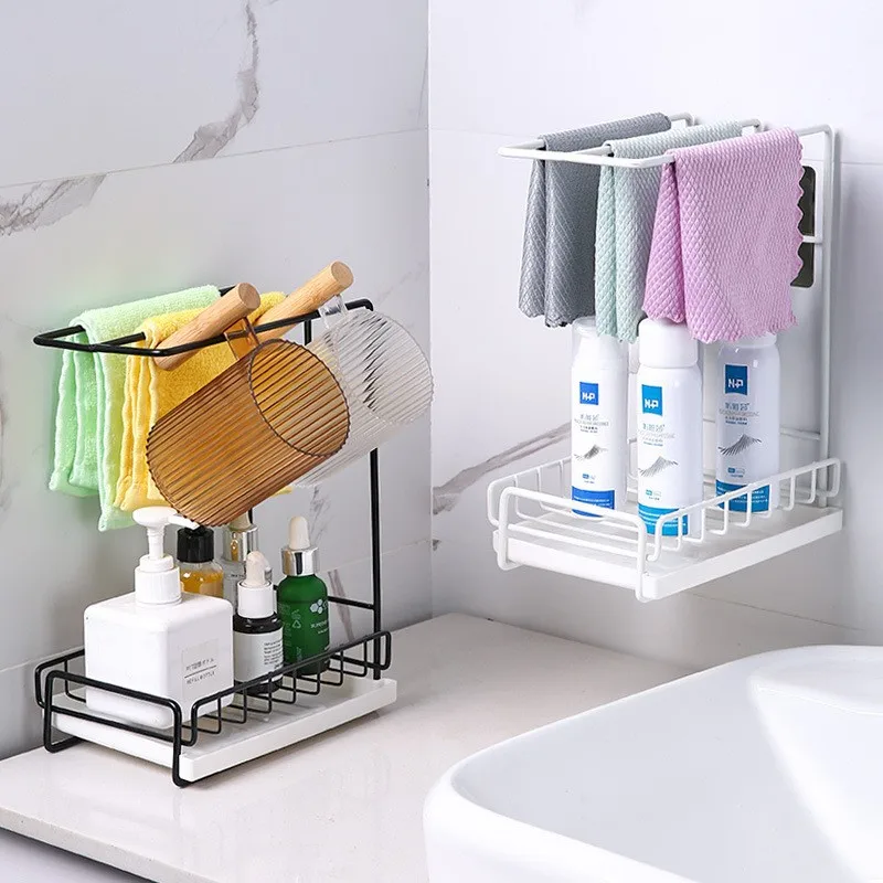 Kitchen Rack Anti-rust Iron Sink Drain Rag Rack Multifunctional Sponge Towel Punch-free Storage Holder Sink Countertop Bracket