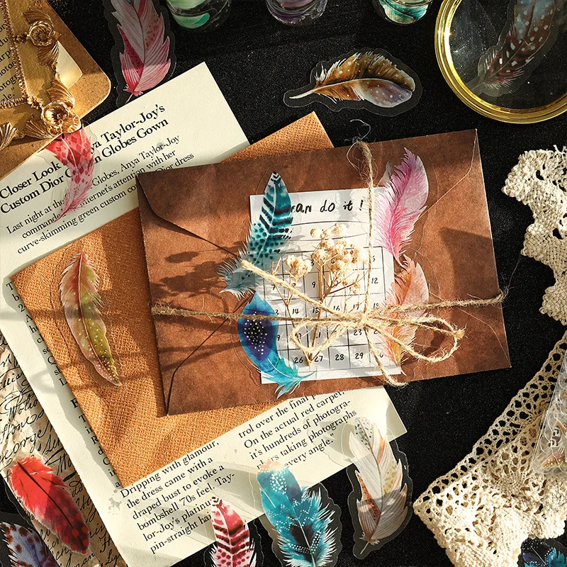 40pcs Waterproof PVC Feather Decorative Stickers for Collage Material Scrapbooking DIY Journaling