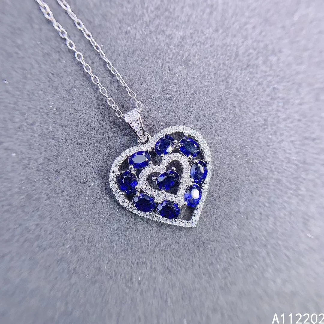 

Luxury Natural Sapphire 925 Sterling Silver Inlaid Blue Gemstones Pendant Women's Heart Necklace Wedding Party Gift Jewelry