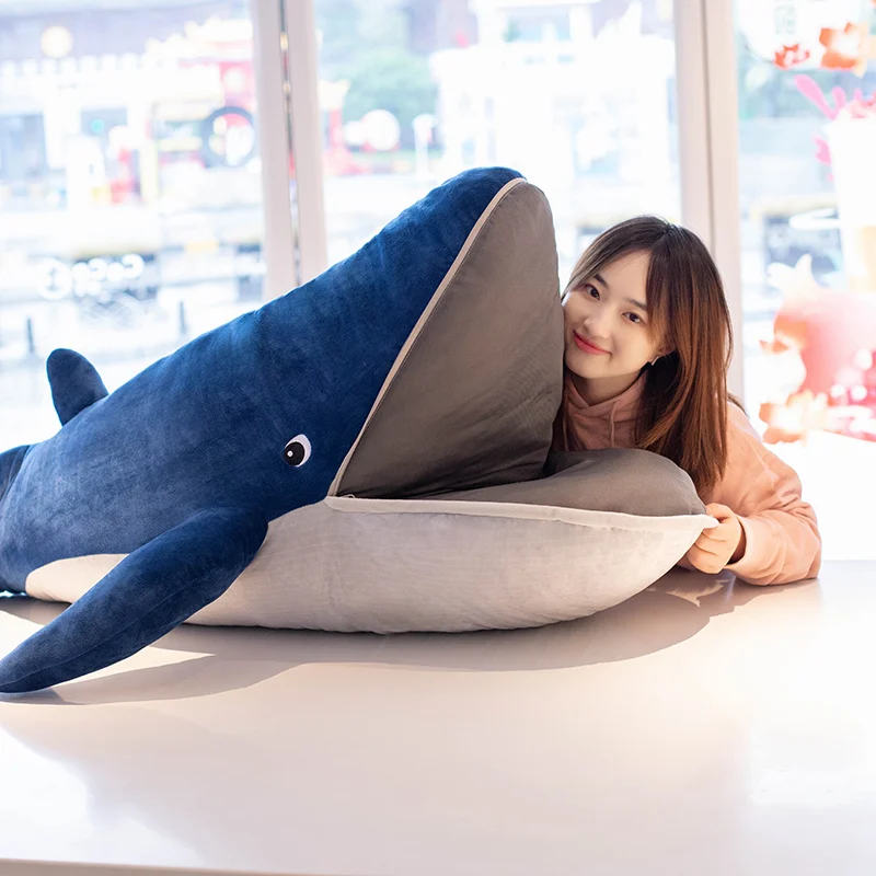 Blue Whale Doll Plush Toy Soft Aquatic Animal Plushie Peluche Mouth with Zipper Sleeping Companion Kid Man Christmas Gift