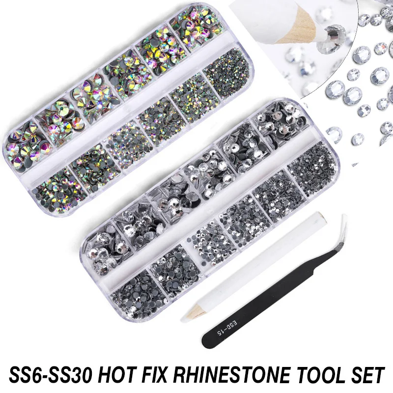 2016pcs/Box Glass Crystal SS4-SS30 Hot Fix Rhinestone Tools Set Flatback Crystal Garment Rhinestones Diamond For DIY Decorations