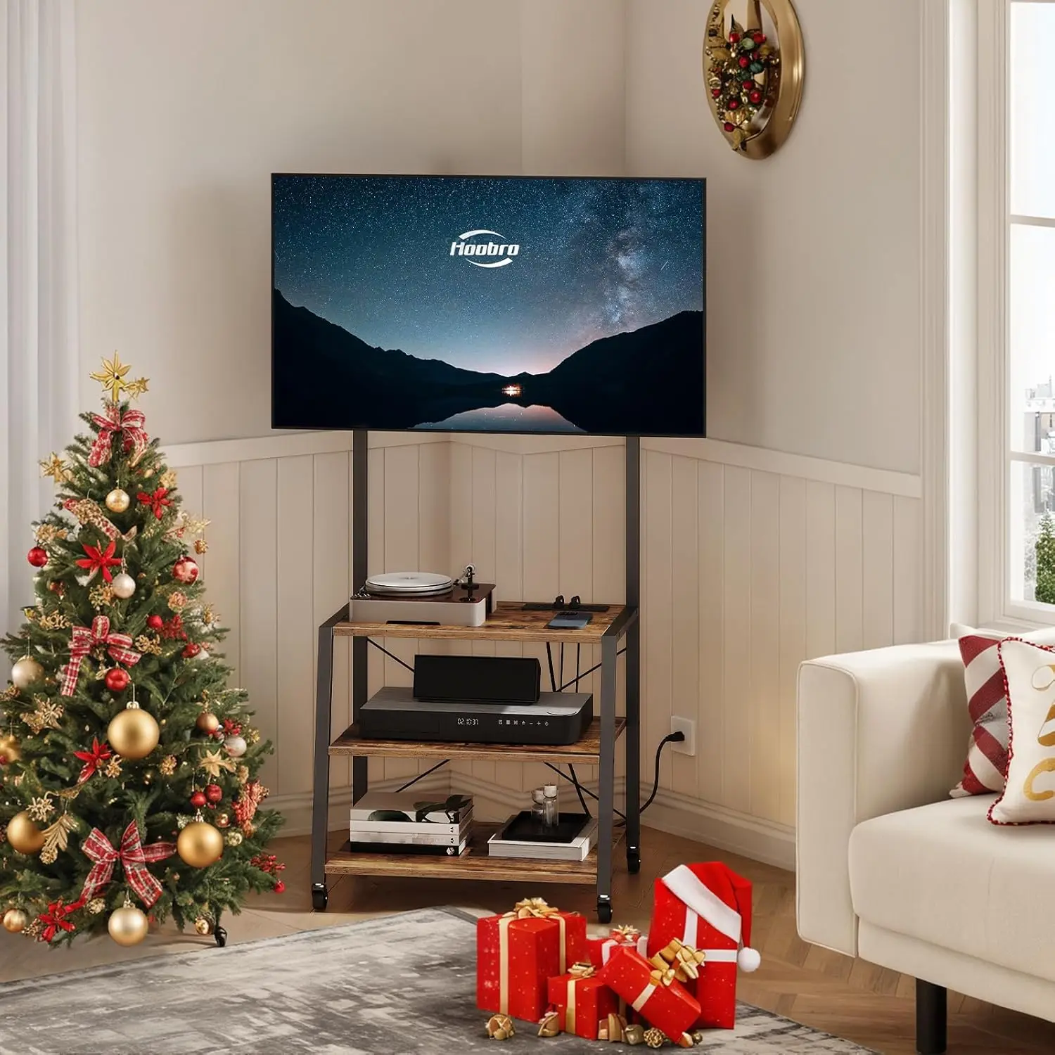 

HOOBRO Rolling TV Stand with Mount and Power Outlet Up to 55 inch TV, Corner Entertainment Center, Small TV Stand with 3