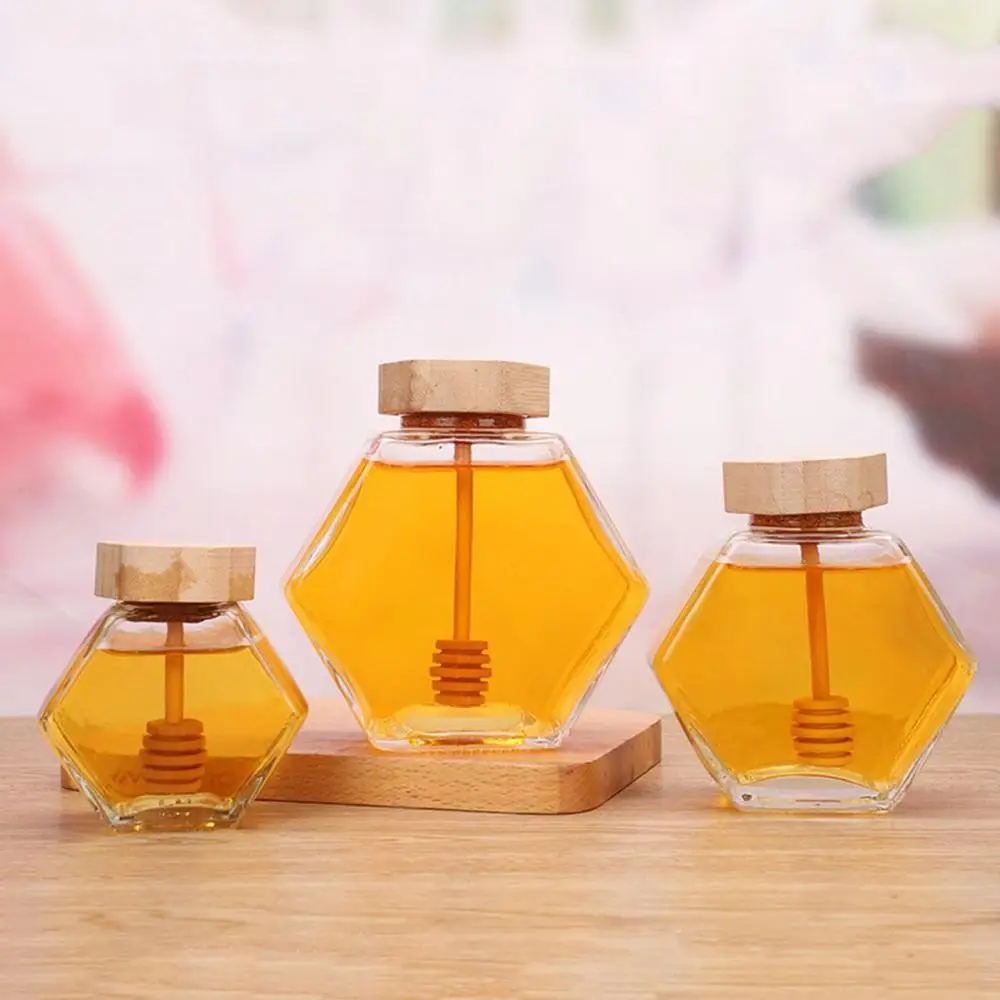 Hexagon Heat-Resistant with Wooden Dipper Glass Transparent Dispenser Honey Pot Honey Jar Storage Container