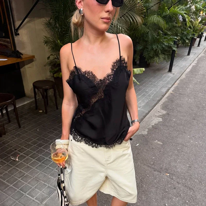 

Sexy Lace Splice Sling Vest For Women Fashion Irregular Sleeveless Tanks Top Hot Girl Casual Club Party Camis2025 New