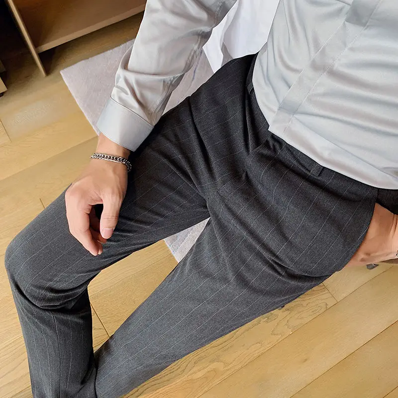 2022 Spring New Men\'s Striped Trousers Stretch Feet Casual Pants Dark Gray High-quality Formal Suit Pants Pantalones Hombre