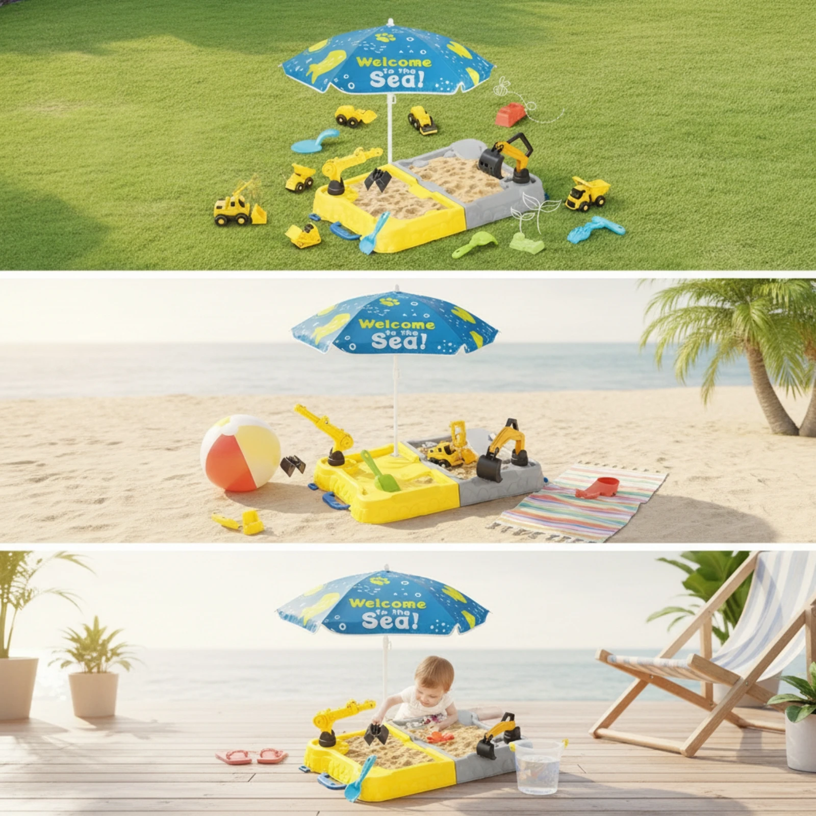 Sand and Water Table with Umbrella Multiple Children Water Table with Umbrella Sensory Playset Compact Profile Toy Splash