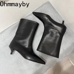 Korean Version Pointed Toe Women Short Boots Fashion Slip On Shoes Autumn Elegant Low Heel Ladies Mid Calf Booties