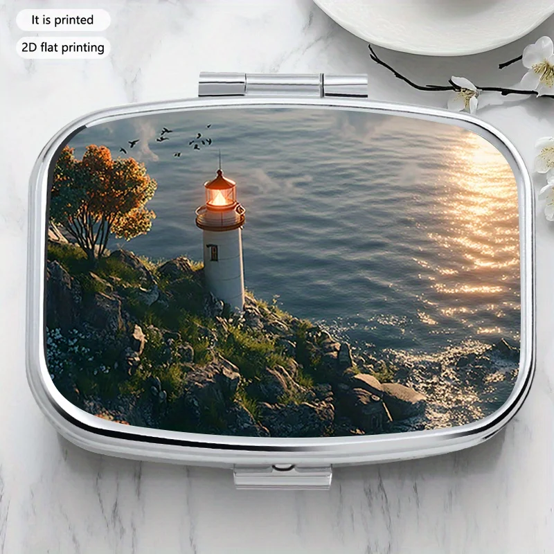 Lighthouse 2 Pattern Innovative Square Multi-Layer Sealed Box, Simple Portable Sealed Box, Metal Sealed Box Suitable for Home Use, Outdoor Travel, Portable Sealed Box, Classification Storage Box, Printed Locations May Vary