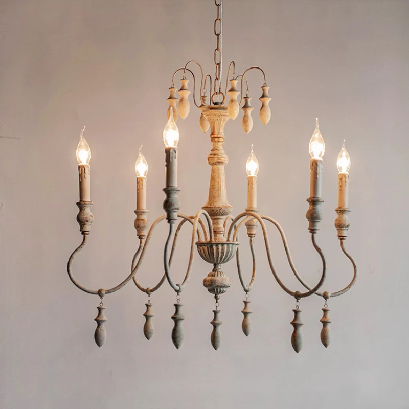 

Vintage American Country Solid Wood Chandelier for Living Room French Antique Bedroom Pastoral Decorative Lamp