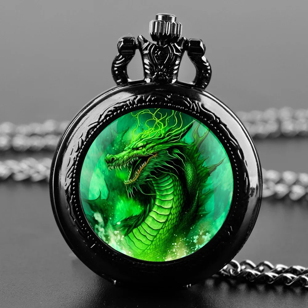 Green Dragon Glass Dome Quartz Pocket Watch With Durable Chain Arabic Numeral Dial Extraordinary Gifts for Men Kids