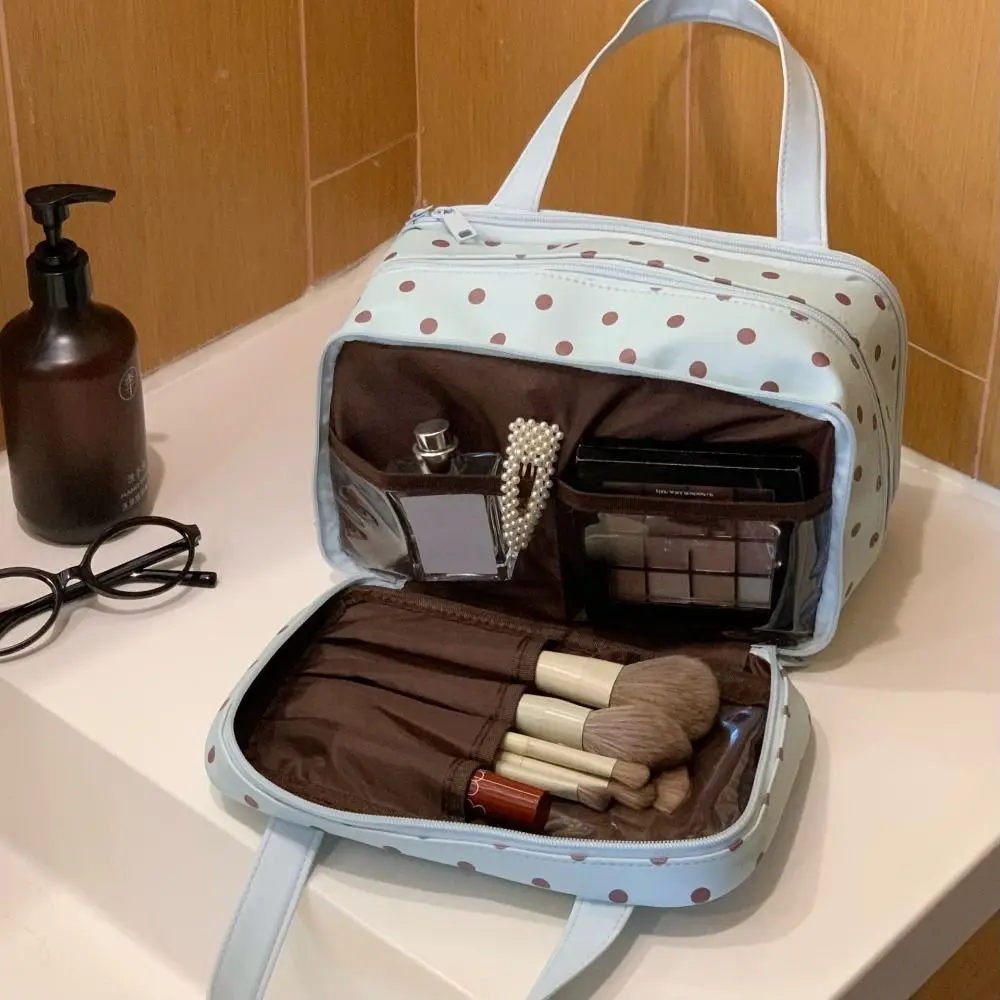 Polka Dot Handheld Makeup Bag Multifunctional Waterproof Toiletry Organizer Bag Three Layer Partition Large Capacity