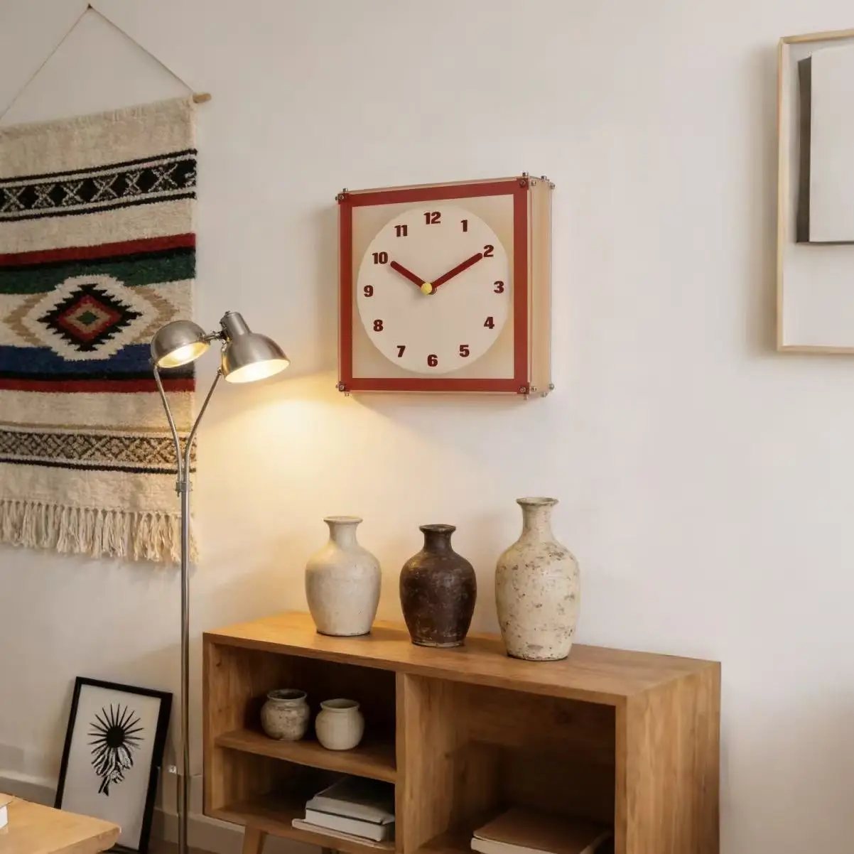Red square modern style wall-mounted digital clock for decorating the living room on the wall view 3