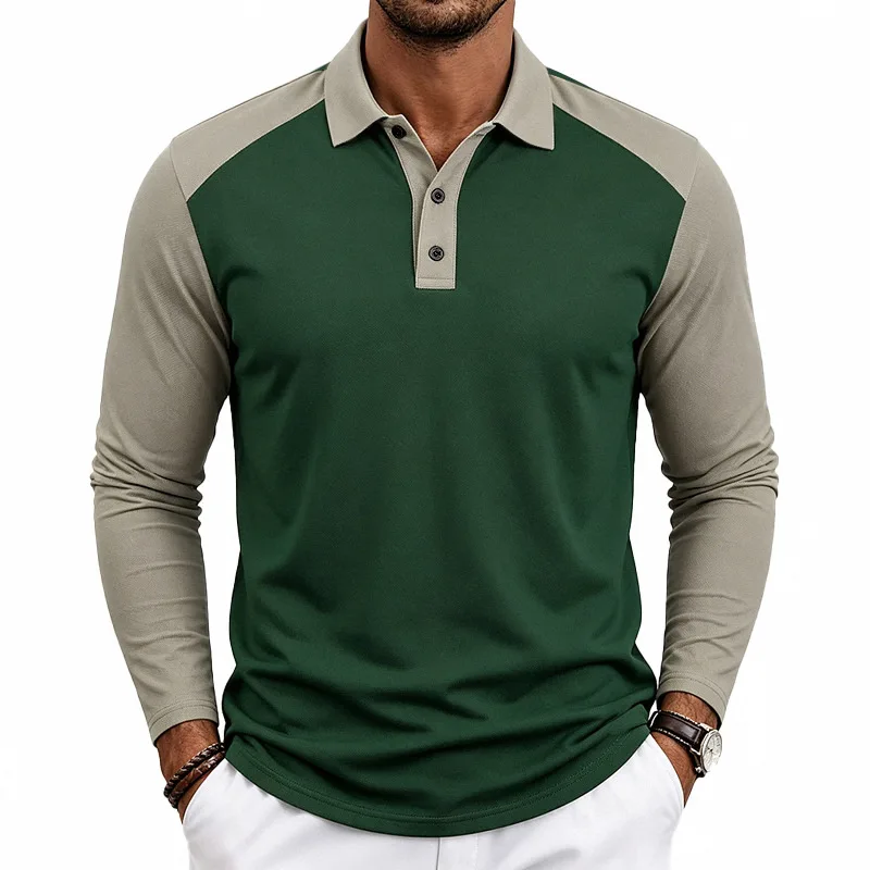 Autumn/winter Long-sleeve Polo Shirt, Casual Ragged-shoulder Collar Color-block T-shirt, Base Shirt