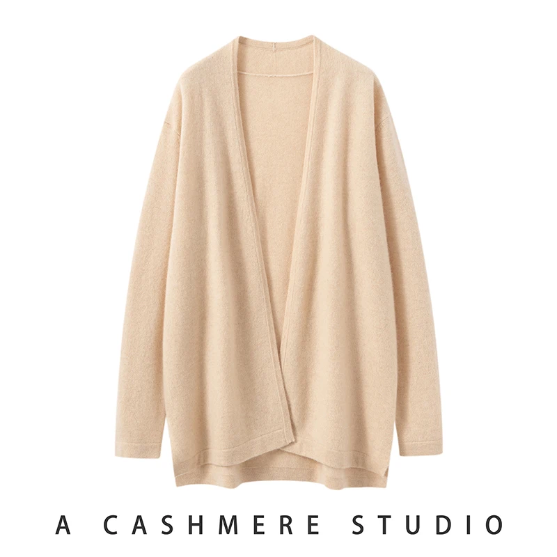 

Женский кардиган из 100% кашемира на весну-осень, однотонный, с длинным рукавом, в стиле преппи, зимний, из чистого кашемира, вязаный свитер-шаль, топ