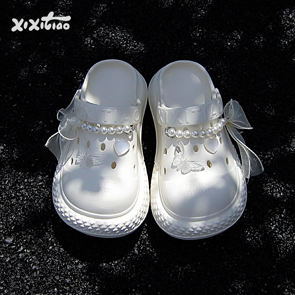 

Pearl Chain Hollow out Sandals Women's Beach Holiday Fairy Sle Anti-Slip Summer Beach Flat Slippers Fine Strips