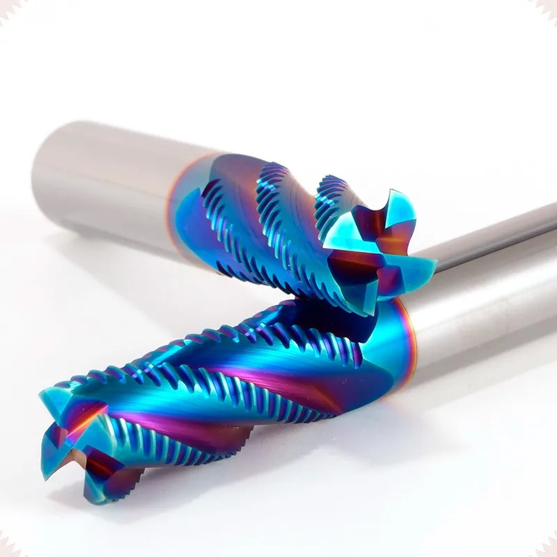 HRC65โรแมนติกเครื่องกัดโลหะทังสเตนคาร์ไบด์นาโนเคลือบสีฟ้ามี4ขลุ่ย CNC