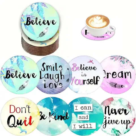 The 8-piece set of iridescent English letter series patterned wooden coasters is suitable for Halloween and holiday parties