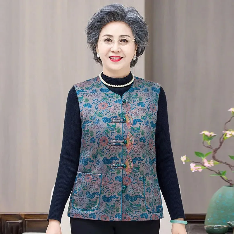 

Женский жилет среднего возраста для пожилых женщин, весна-осень, китайский стиль, бабушка, жилет для мамы, повседневный жилет без рукавов с вышивкой, куртка 6XL