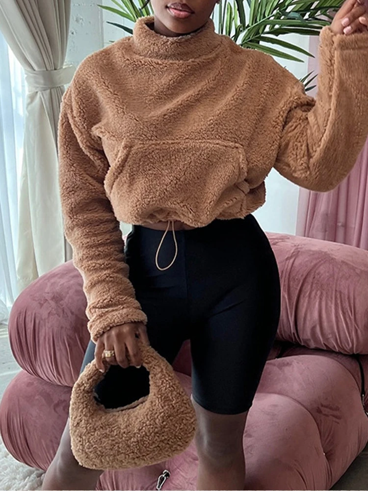 

OMSJ Drawstring Solid Sweatshirt 2024 Harajuku Women Street Style Casual O Neck Long Sleeve Loose Pockets Folds Fur Cropped Tops