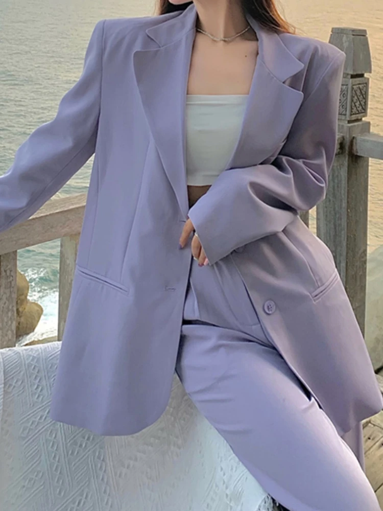 Autumn Women Purple Blazer Pantsuit Korean Fashion Vintage Loose Jacket Pants 2 Piece Set Female Business Casual Trousers Outfit