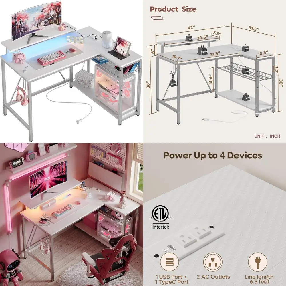 مكتب ألعاب حديث مقاس 42 بوصة مع منفذ شحن وشريط LED وأرفف تخزين قابلة للعكس #1