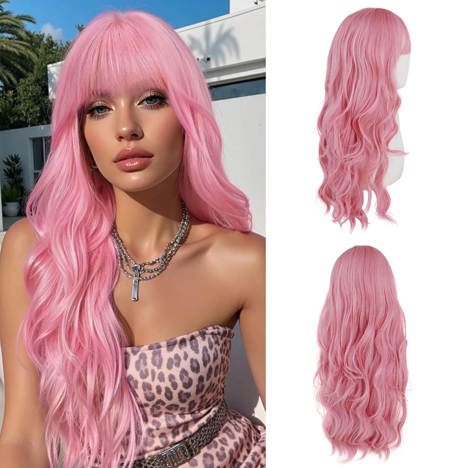 

Premium Synthetic Hair 28 Inch Pink Long Wigs for Women Wavy Curly Wig with Bangs Daily Cosplay Halloween Costume Heat Resistant
