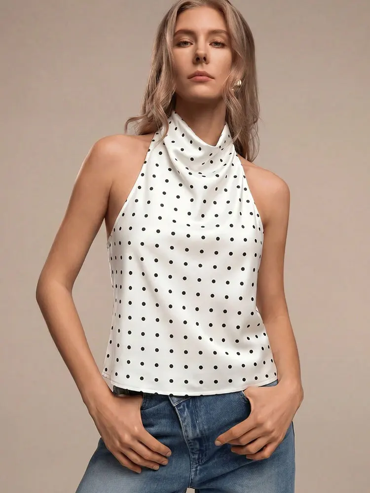 HH Damenmode Neckholder-Bluse mit Rückenbindung aus Satin, Gepunktet, Elegant für Party, Freizeit, Sommer, Strandurlaub, Ärmellos, Rückenfreies Oberteil