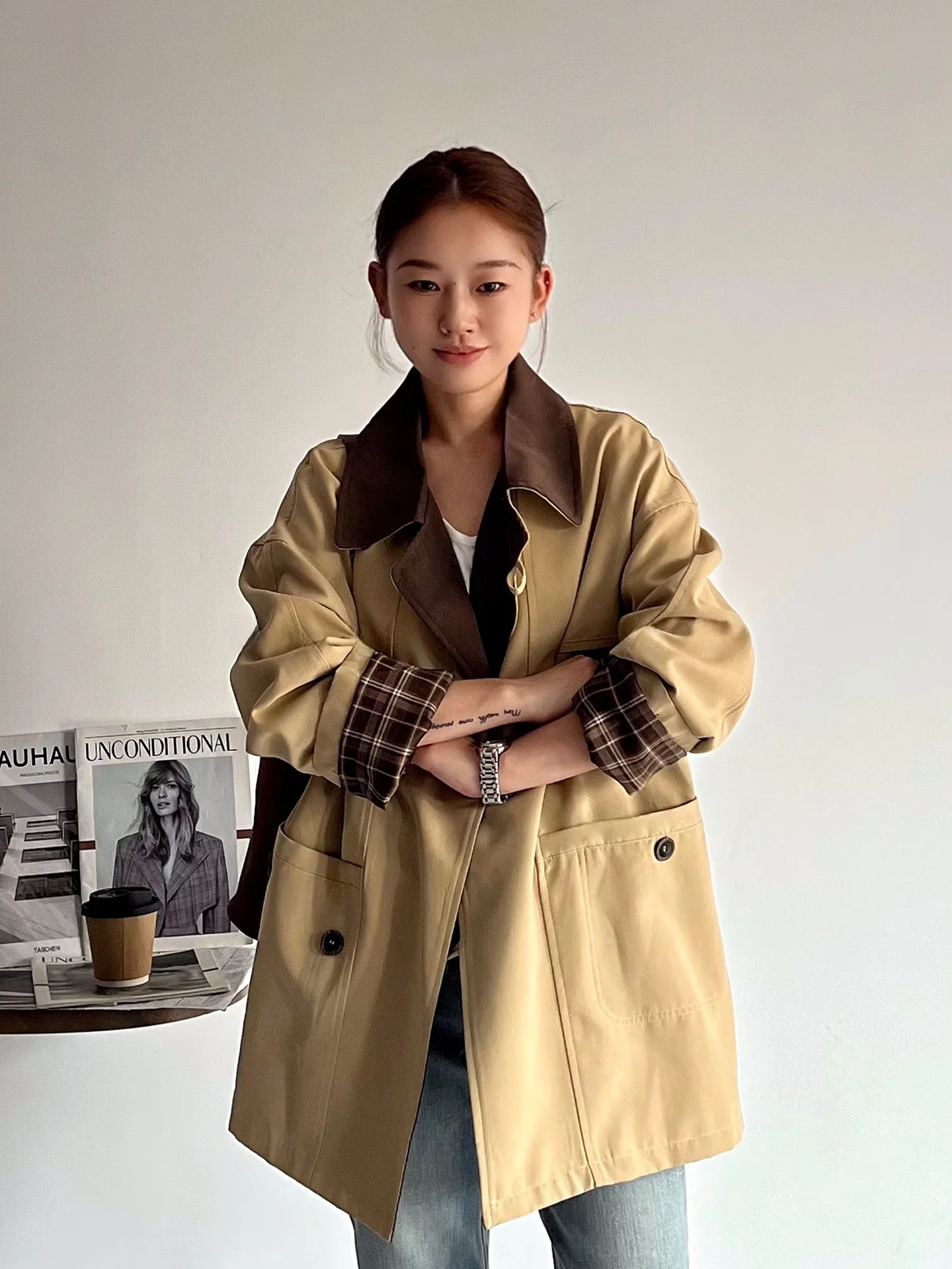 

Khaki Color Stand Collar Patchwork Contrast Color Coat Women's Spring Autumn Winter Outerwear Casual Sle Polyester Cotton B...