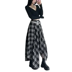 ALIDI S C Women's Mid Waist A-line Irregular Half Length Skirt Fashionable Casual Plaid Slimming Street Style Party Long Dress