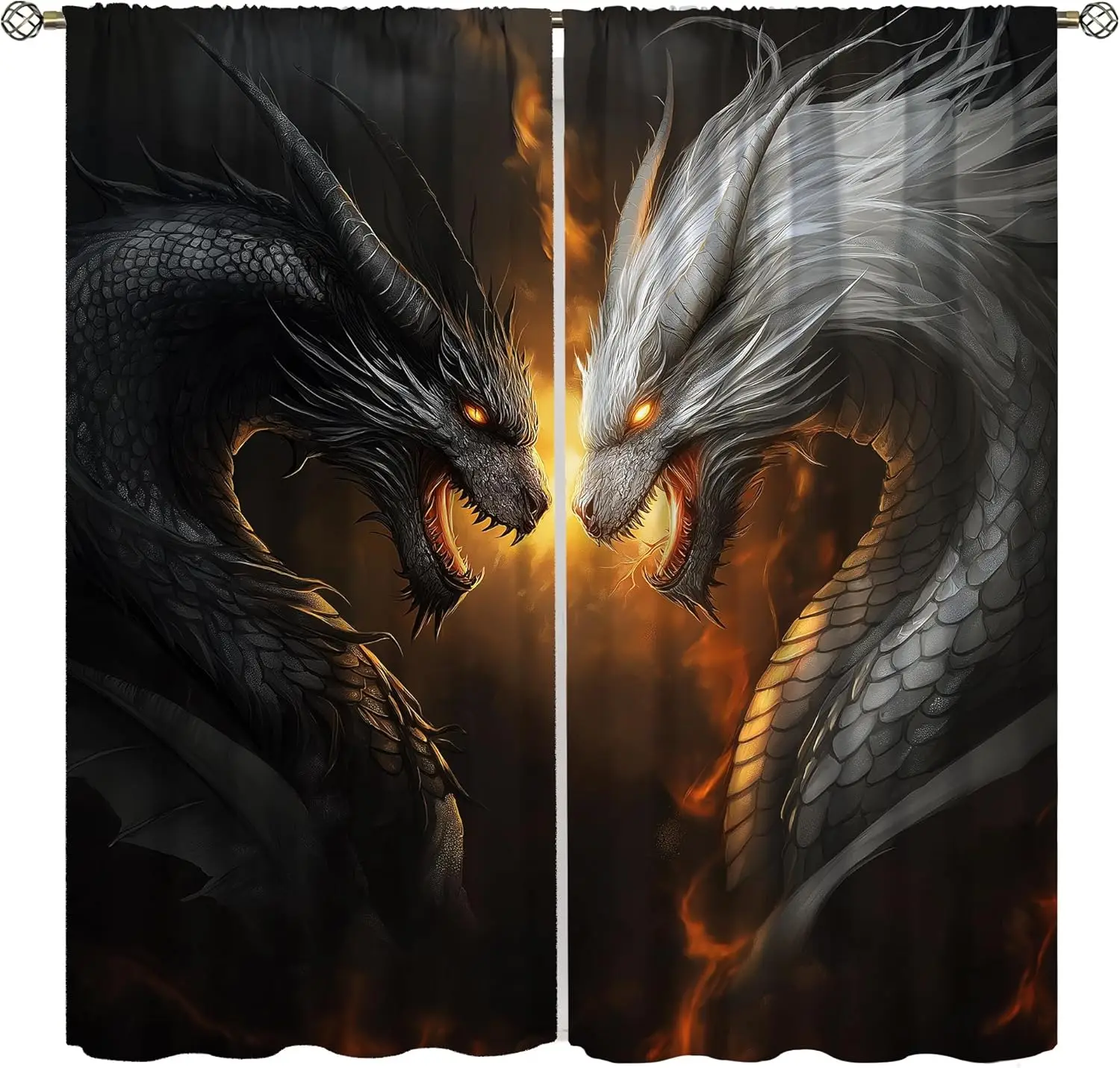 Dragon Curtains for Boys Fantasy Magic Black and White Mystery Yin Yang Flying Dragon Flame Print Windows Treatments for Kids