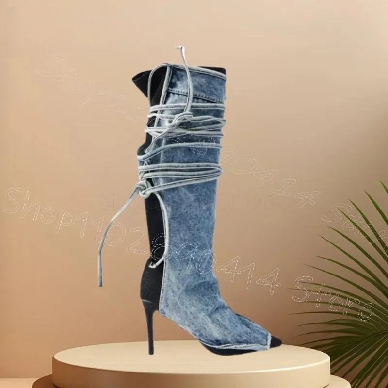 

Blue Denim Strappy Pointed Toe Boots Lace Up Women Shoes Thin High Heels Fashion Party Dating Banquet 2025 Zapatos Para Mujere