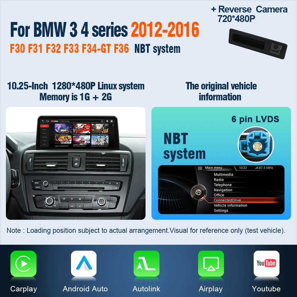 AUTOTOP 10.25" YouTube Linux Systeem Auto Multimedia Speler voor BMW 1 2 3 4 Serie F20 F21 F22 F23 F30 F31 F32 F33 F34-GT F36 Draadloze CarPlay Android Auto Navigatie CVBS Achteruitrijcamera,