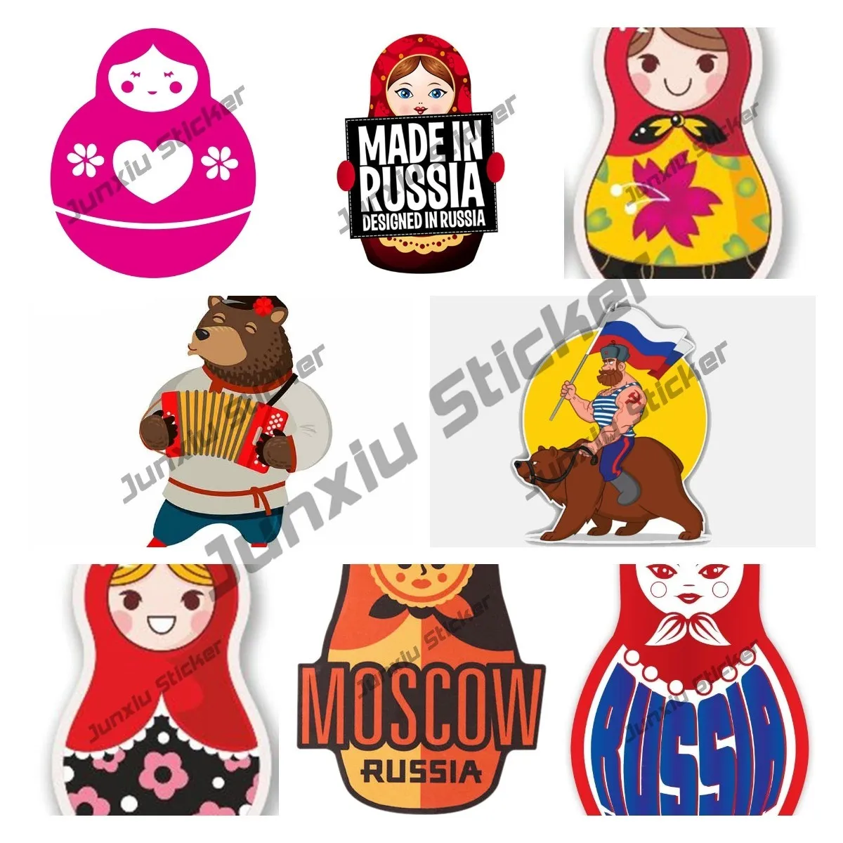 

Moscow Russia Weatherproof Vinyl Sticker Nesting Russian Doll Matryoshka Russian Man Riding Bear World Flag Body Sticker Decal