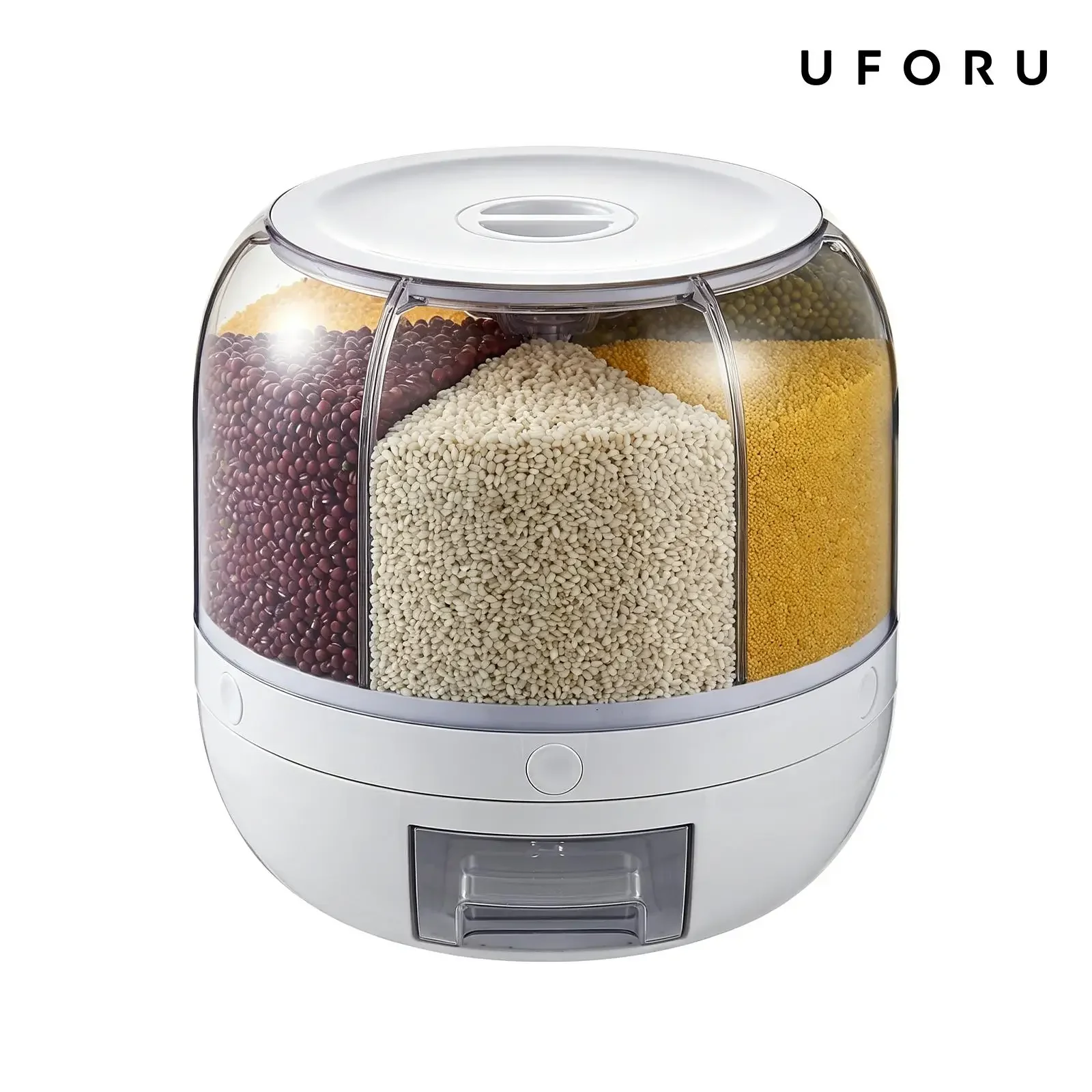 360° Rotating 6-Grid Grain Storage Container One-Click Rice Dispenser Kitchen Dry Food Cereal Box Sealed Organizer Multi-Compartment Storage Bin for Beans Small Grains Pantry Accessories