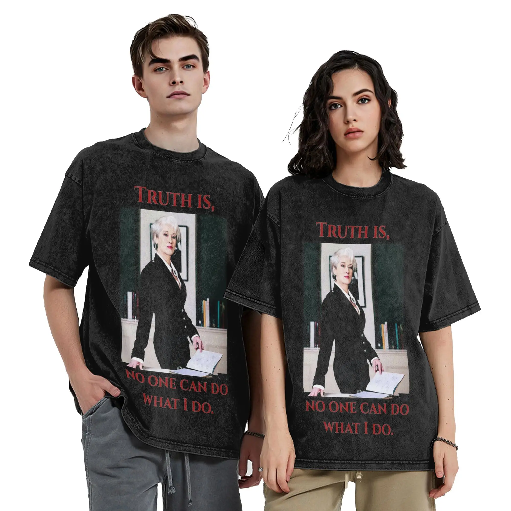 Washed T Shirts Miranda Priestly Hip Hop Fashion T-Shirt High Street Streetwear Short Sleeve Graphic Tees for Men Women