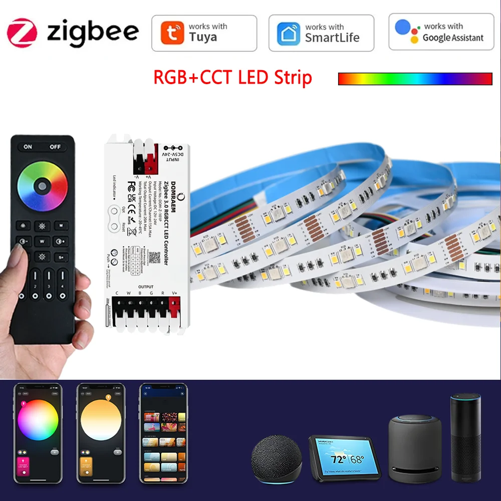 10M 20M Zigbee 3.0 RGB+CCT LED Strip 24V 5050 Coloful Dimmable Room Light RF Remote Control f Alexa Google Assistant SmartThings