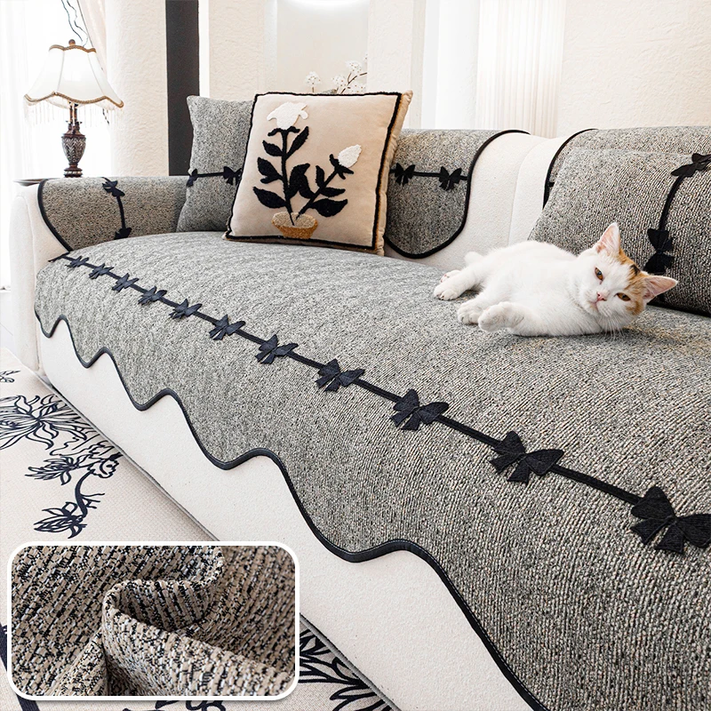 Bow Embellished Wavy Edges Chenille Sofa Cover Korean Sweet Style Living Room Decor Anti Slip Sofa Cushion Mat Easy To Clean