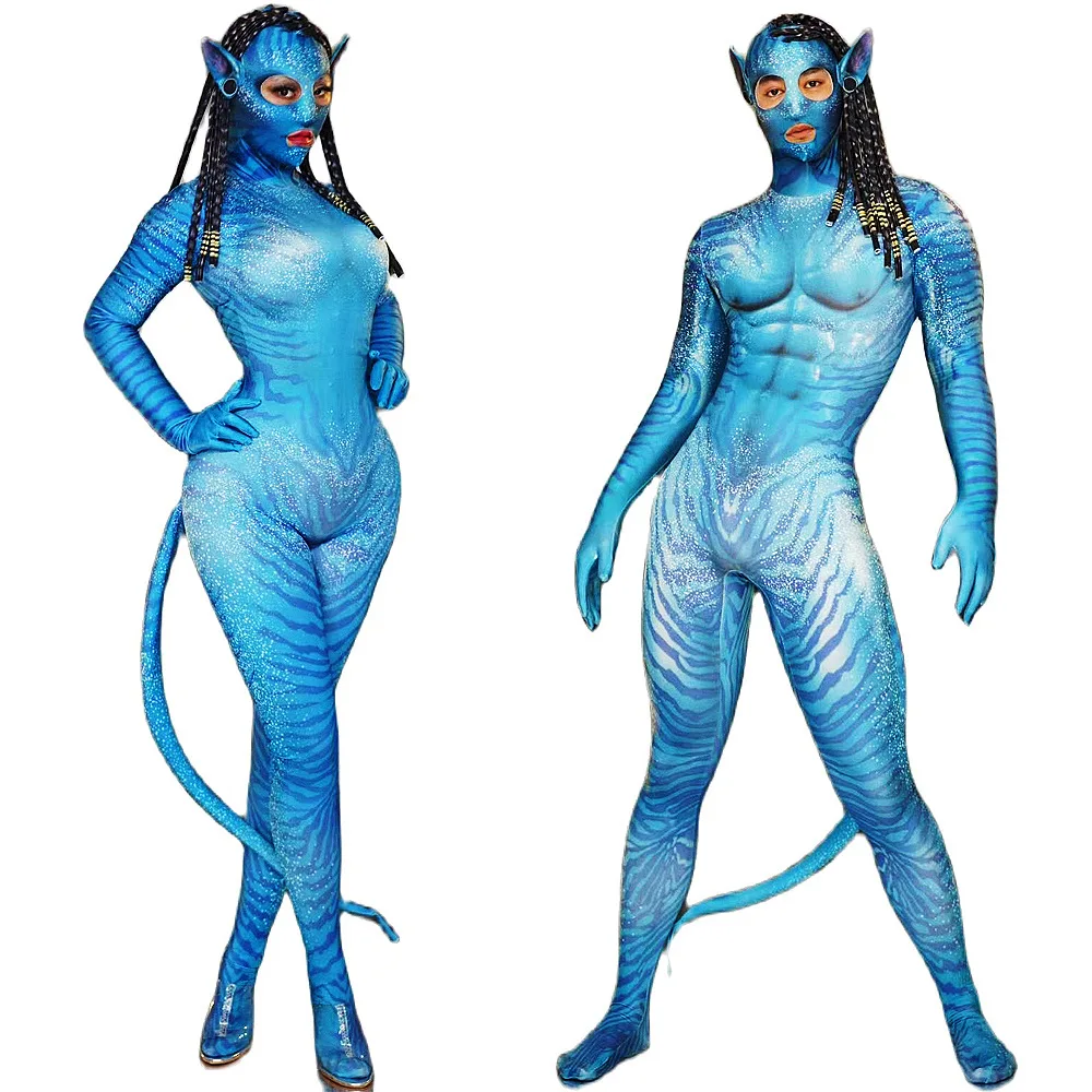 Persoonlijkheid Prestaties Kostuum Vrouwen/Mannen Blauw Panty Jumpsuit Met Staart Cosplay Elastische Kracht Podium Outfit Nachtclub Kostuums