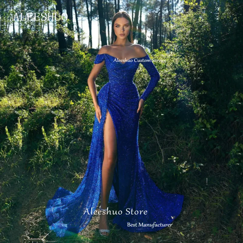 Aleeshuo-Royal Blue sem alças sereia vestidos de noite para mulheres, fora do ombro, plissado, Dubai, árabe, lantejoulas, vestidos formais de baile