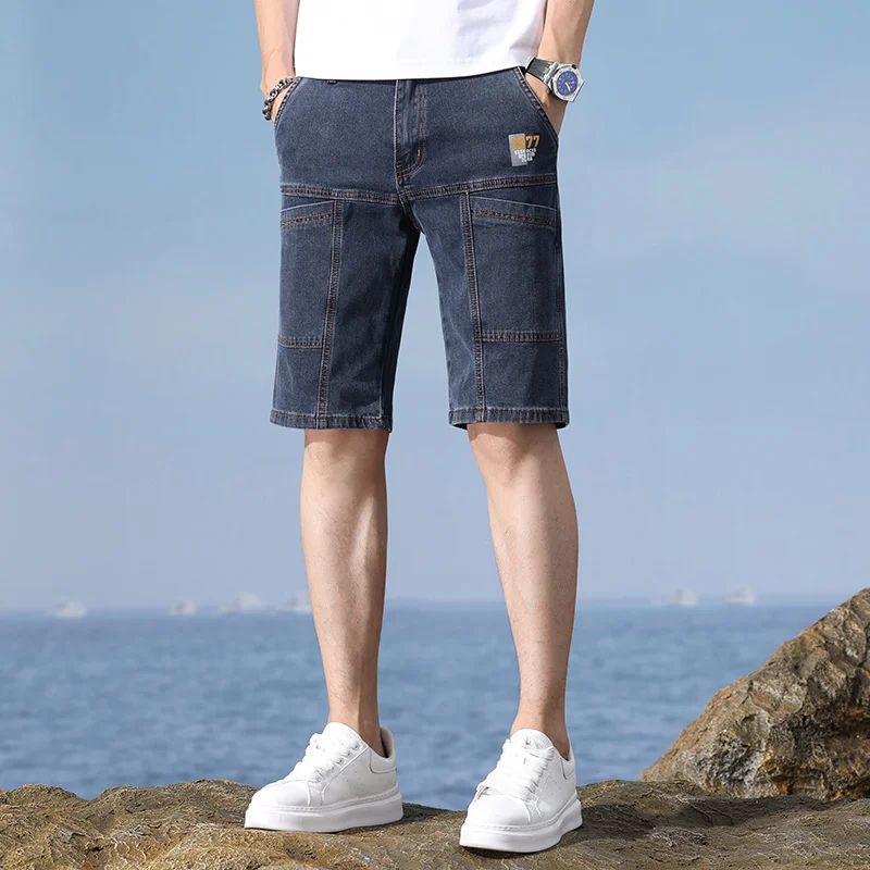 ฤดูร้อนใหม่ตรงกางเกงยีนส์ผู้ชายกางเกงขาสั้นยืดนุ่ม Multi-Pocket Casual กางเกงยีนส์สั้นแฟชั่นล้างบางกางเกงขาสั้นชายเกาหลี