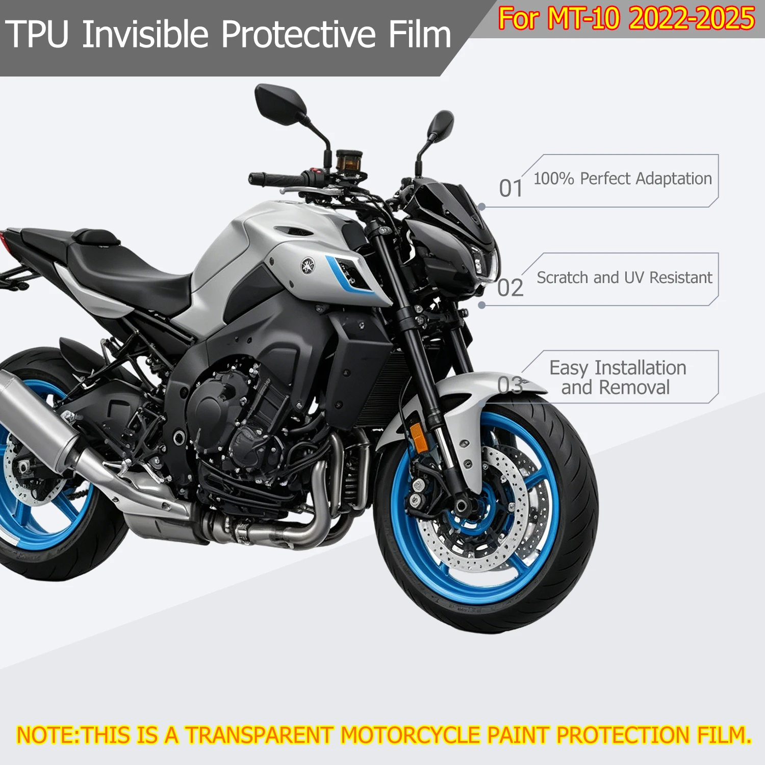 

For Yamaha MT-10 2022-2025 PPF Motorcycle Paint Protection Film Clear Invisible Wrap Anti-scratch UV Resistant Easy Install