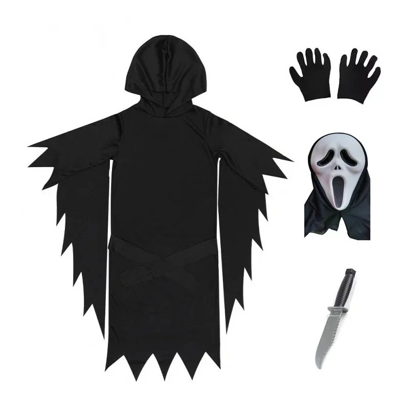 Adultos disfraz de grito de Halloween ropa fantasma cráneo aterrador máscara de alta calidad baile de graduación Reaper Cosplay niños muerte disfraz de demonio negro